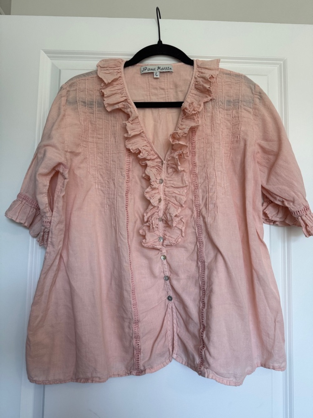 JP and Mattie Soft Pink Ruffle Button Blouse